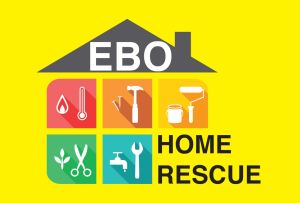 EBO Home Rescue logo picture of a house on yellow background