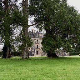 Blarney House, a Victorian mansion surrounded by lush green gardens in spring.